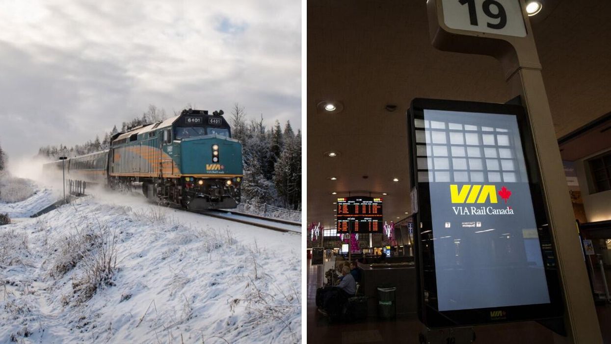 A VIA Rail train in the snow. Right: A VIA Rail sign in Montreal.