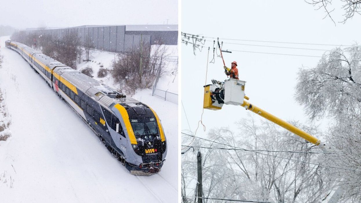 A VIA Rail train moving through the snow. Right: A Hydro Ottawa worker working on power lines covered in ice.