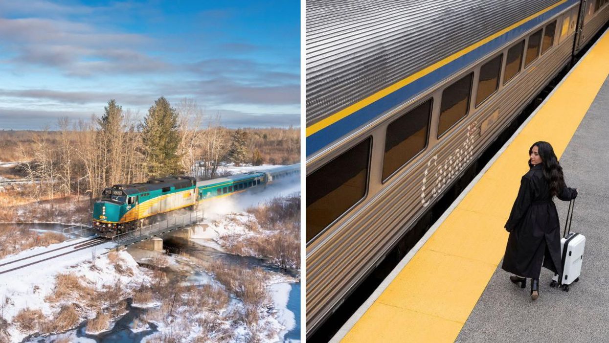 A VIA Rail train. Right: A passenger stands on the platform beside a train.