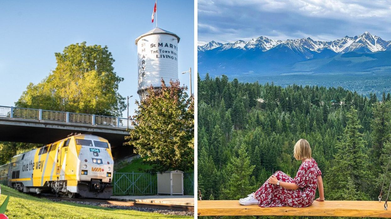 A VIA Rail train. Right: A person looks at a view of the Canadian Rockies.