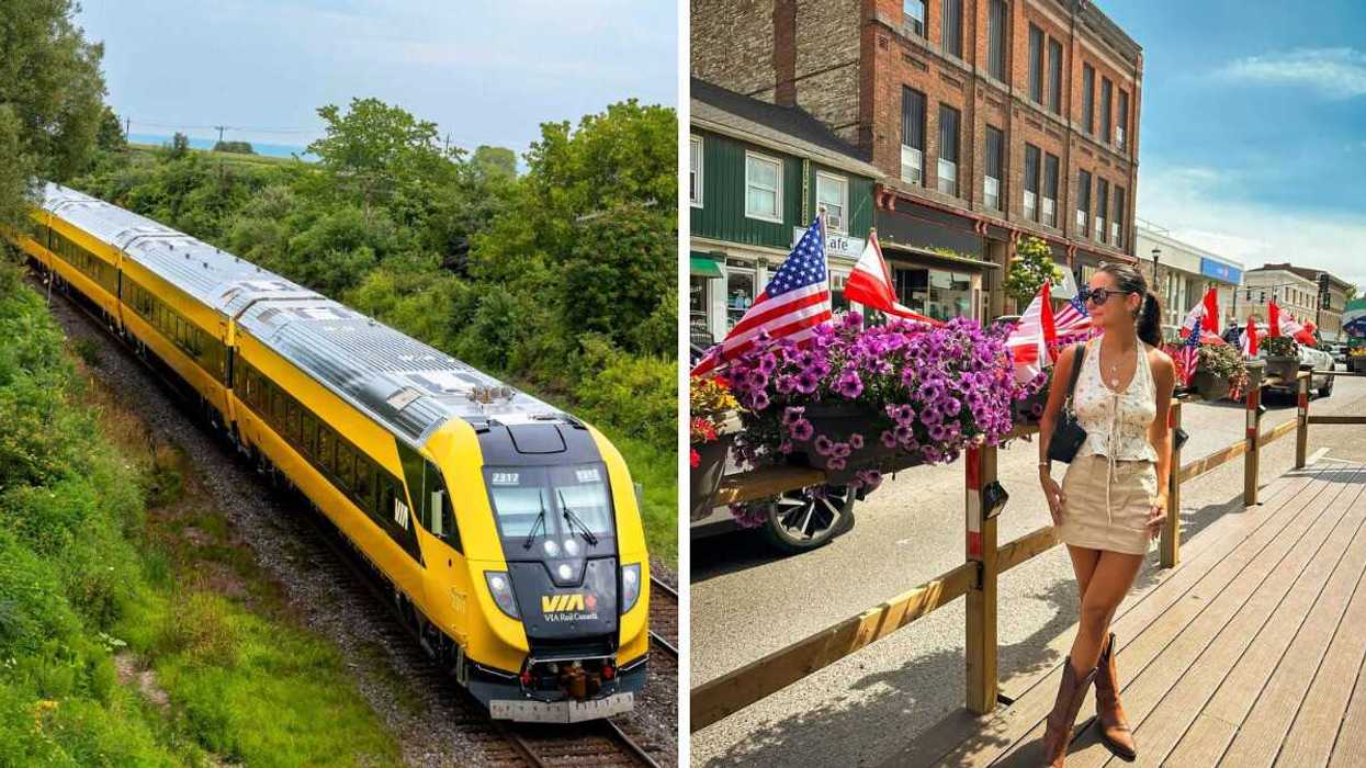 A VIA Rail train. Right: A person stands by a street in a small town in Ontario.