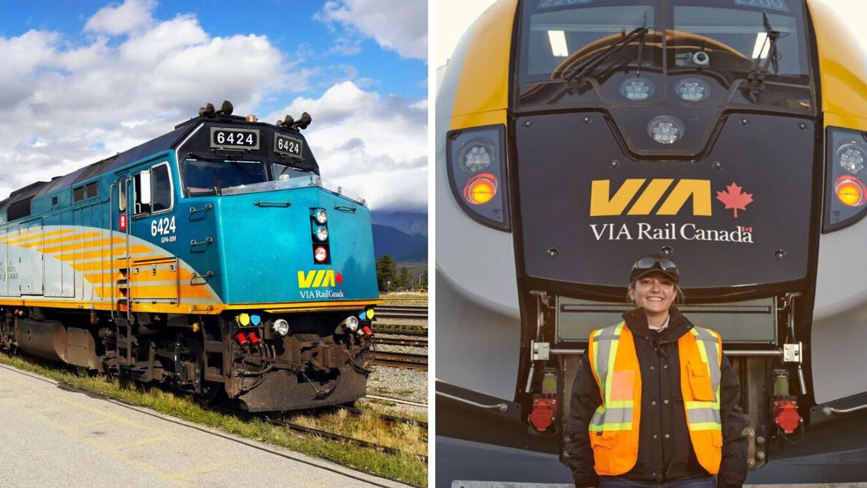 A VIA Rail train. Right: A person stands in front of a VIA Rail train.