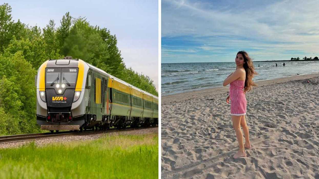 A VIA Rail train. Right: A person stands on a sandy beach in a small town in Ontario.