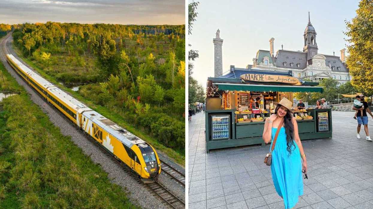 A VIA Rail train. Right: A person walks through a market in a city near Ottawa.