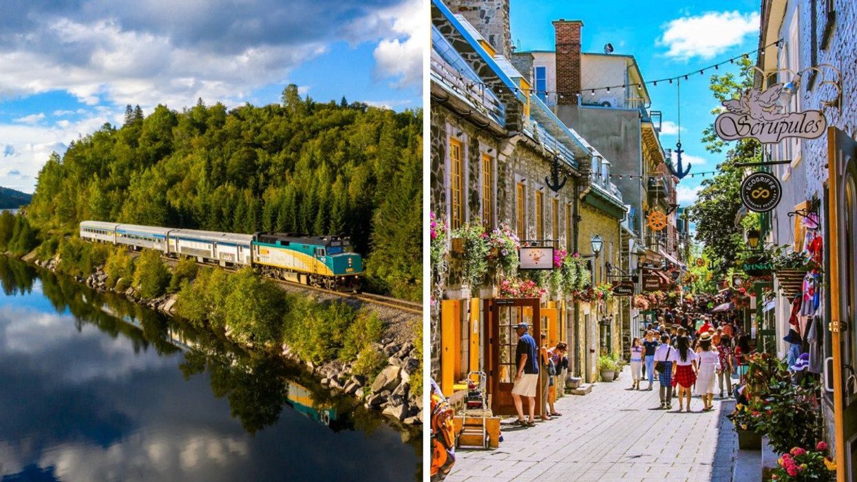 A VIA Rail train. Right: A street in Quebec City.