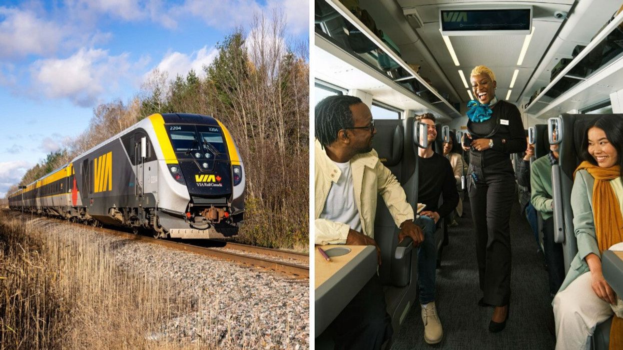 A VIA Rail train. Right: A VIA Rail on train attendant laughs with passengers.