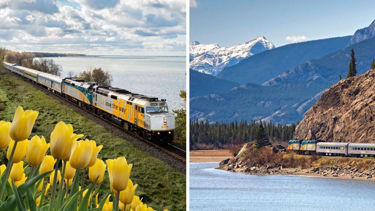 A VIA Rail train. Right: A VIA Rail train travels through the Canadian Rockies.