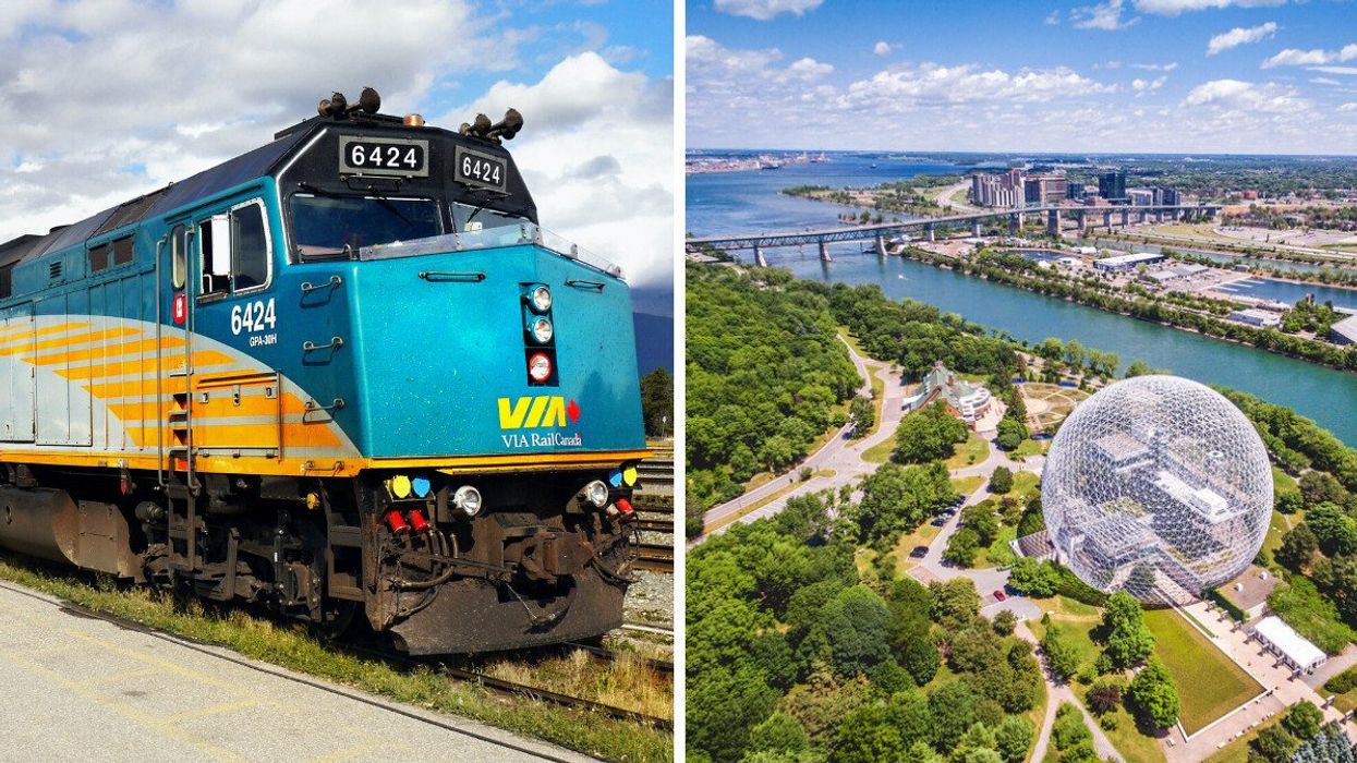 A VIA Rail train. Right: The city of Montreal.