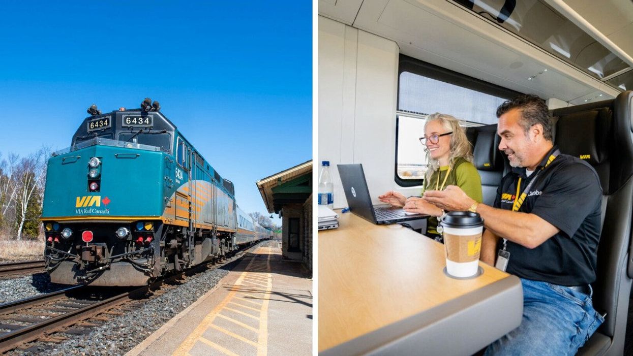 A VIA Rail train stopped at a station in Ottawa, Ontario. Right: VIA Rail employees.