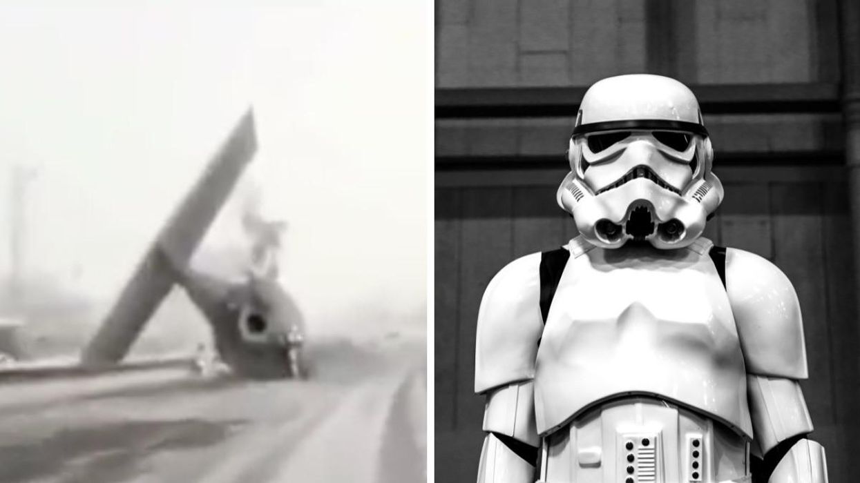 A video of a TIE Fighter at the side of a snowy highway. Right: Photo of a Stormtrooper.