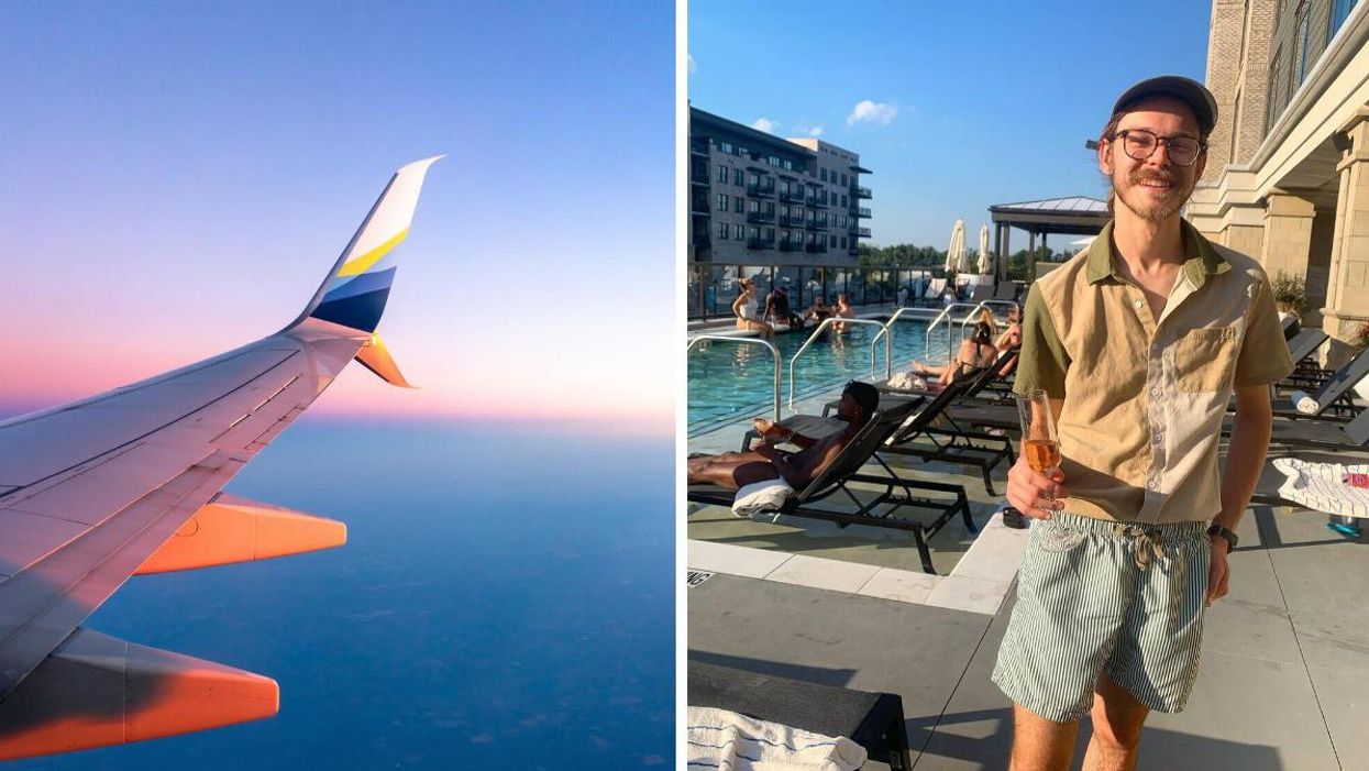 A view from a plane window overlooking pink and blue skies. Right: A man with wine at a rooftop pool.