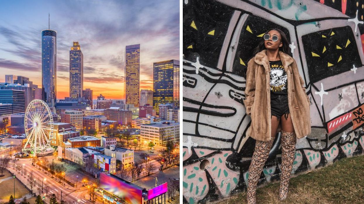 A view of Atlanta's skyline at sunset. Right: A woman in a fur coat in front of a mural.