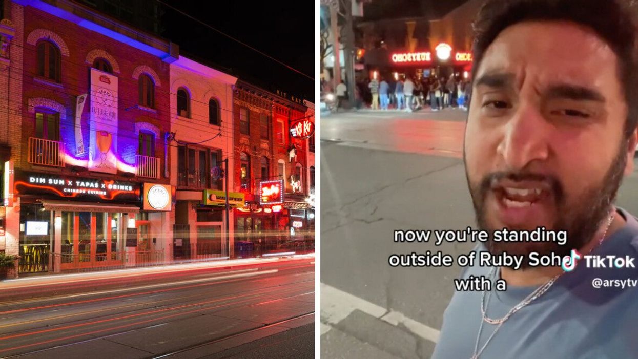 A view of buildings down King Street West. Right: Arsalan Shirazi in his TikTok video.