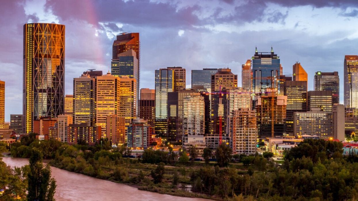 A view of downtown Calgary at sunset.