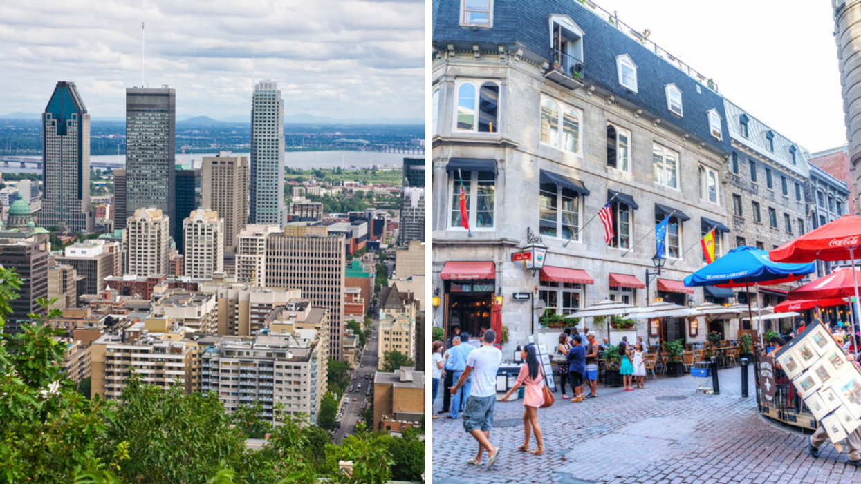 A view of Montreal city. Right: A historic old Montreal street.