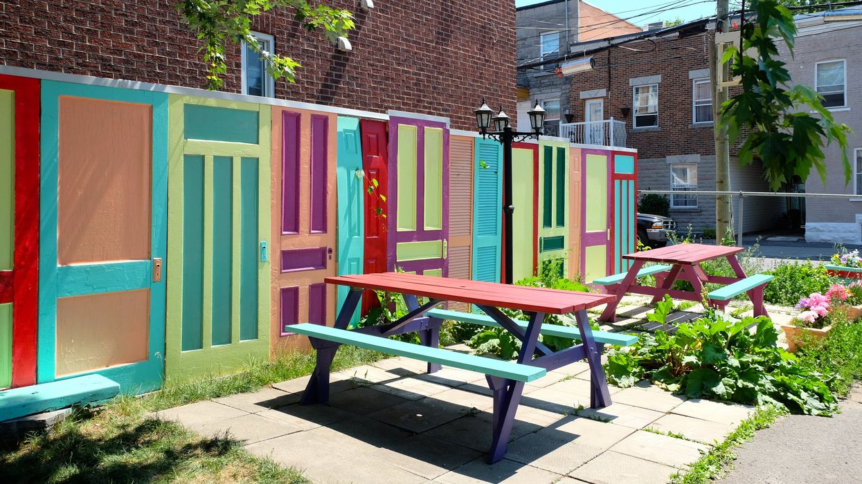 A view of picnic tables in St Henri, Montreal, Quebec.