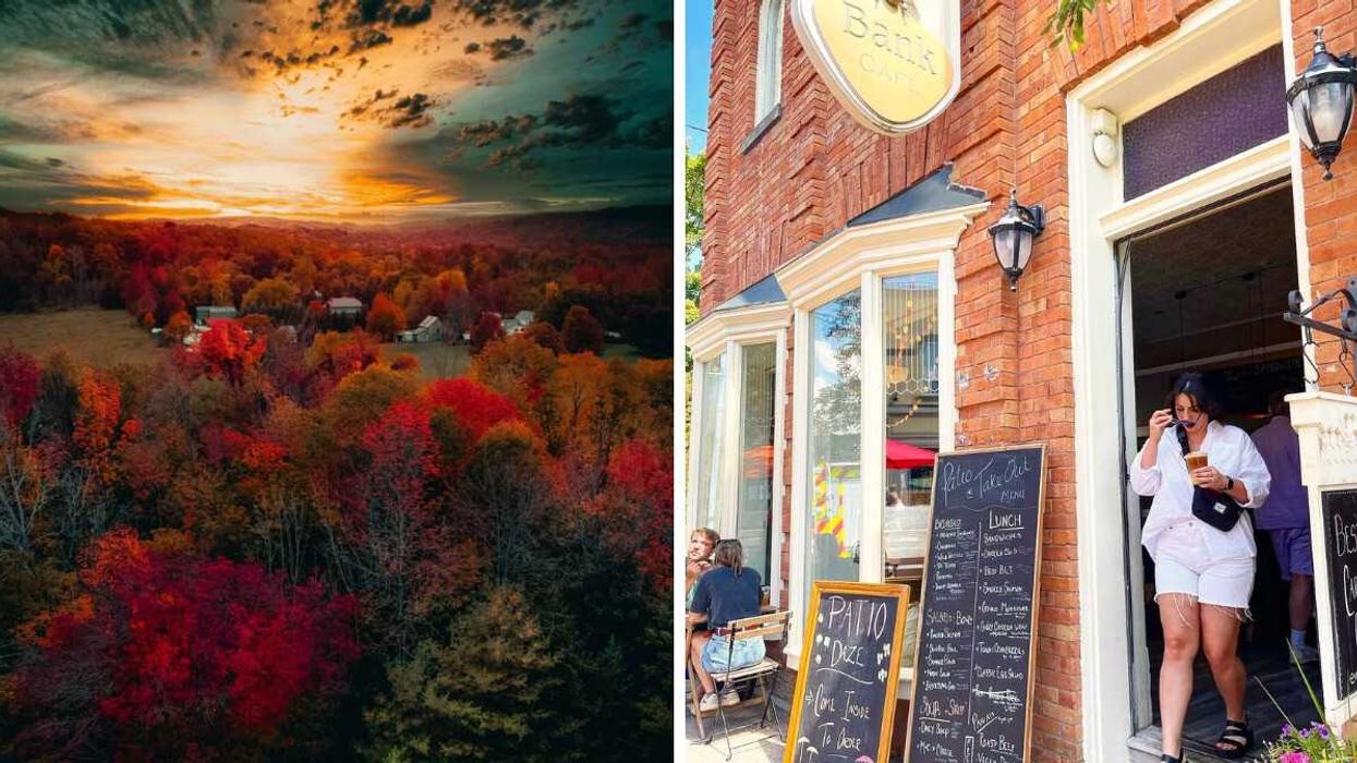A view of rolling hills with fall colours. Right: A person walking out of a cafe.