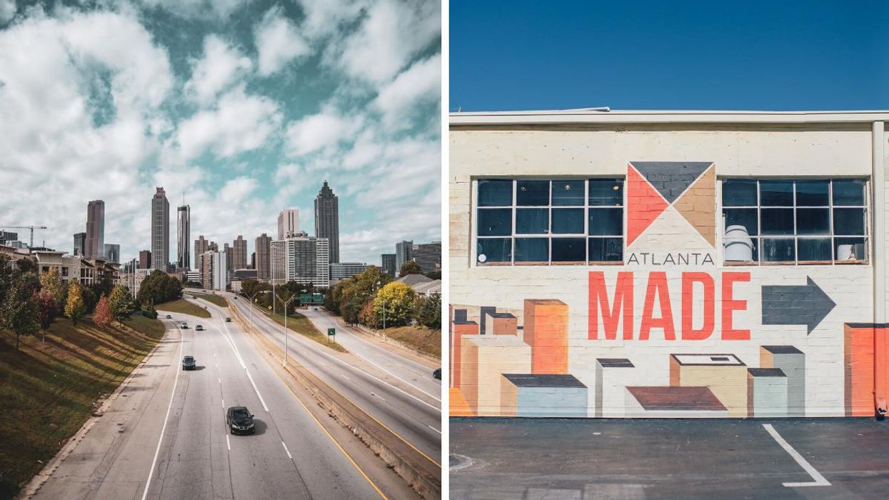 A view of the Atlanta skyline and the interstate. Right: A mural that reads "Atlanta Made."