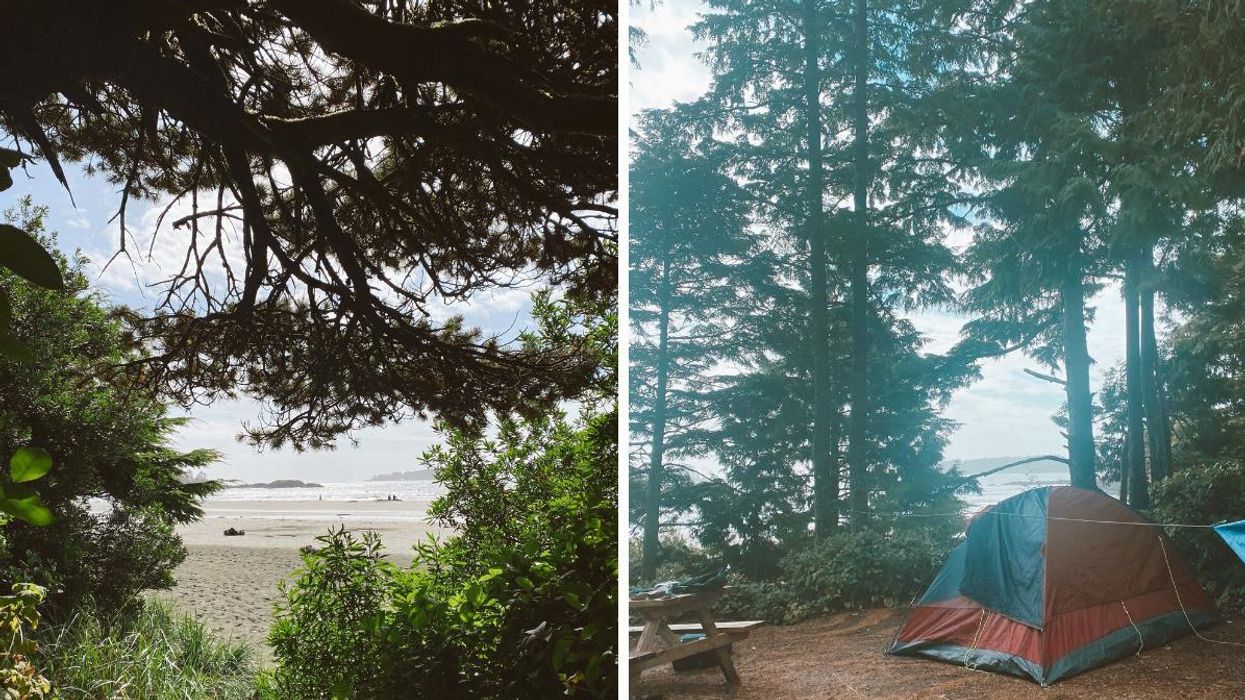 A view of the beach from a Bella Pacifica Campground camping site. Right: Bella Pacifica Campground camping site.