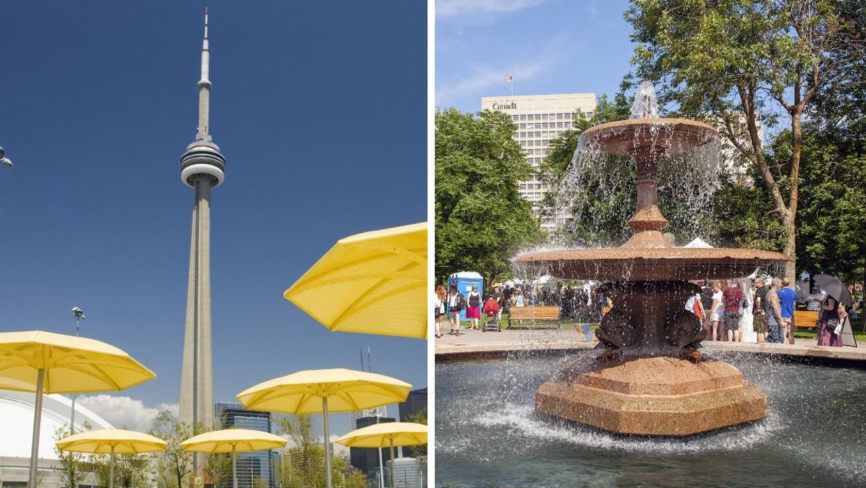 A view of the CN Tower with umbrellas. Right: A fountain in Ottawa.