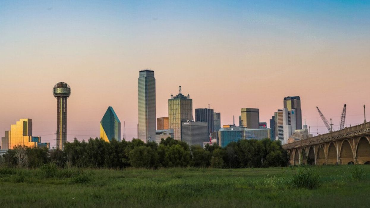 A view of the Dallas skyline behind a line of trees
