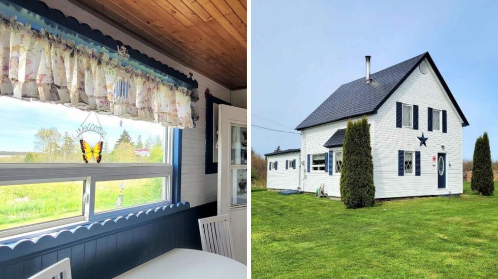A view of the front yard and part of the ocean from the kitchen. Right: A white house with blue accents and front yard.