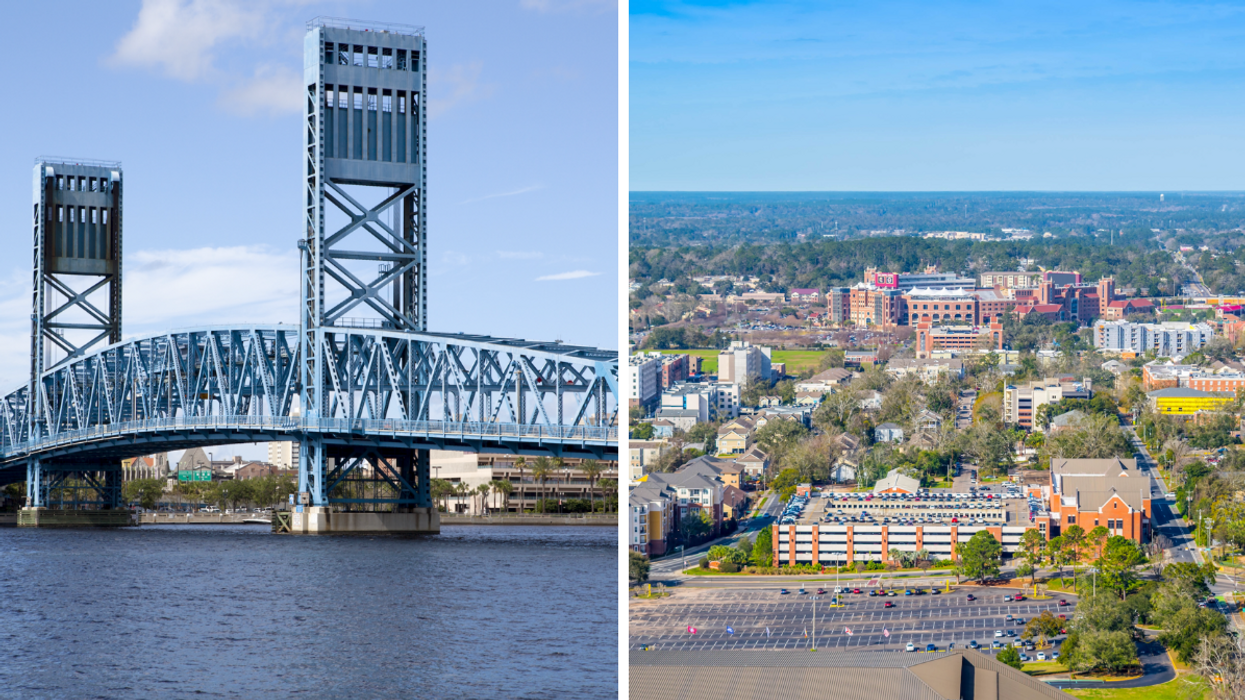 A view of the Jacksonville bridge. Right: A skyline view of Tallahassee.
