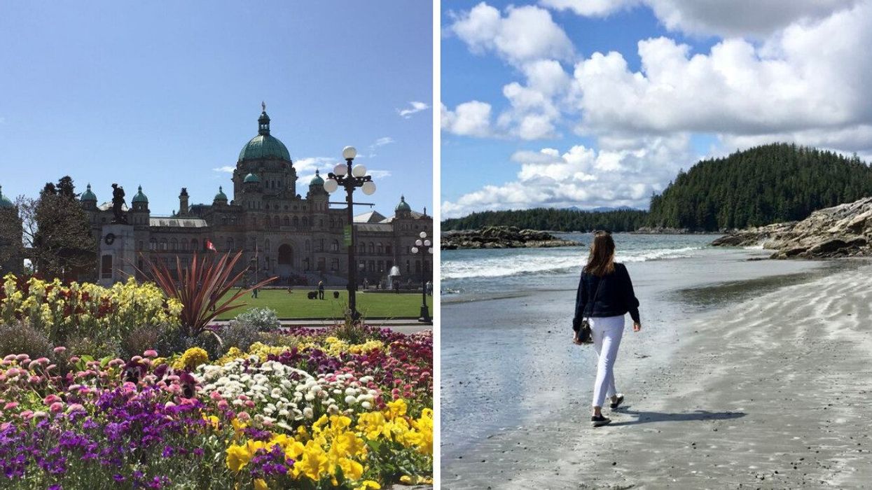 A view of the parliament building in Victoria, BC. Right: Asymina walking along a beach in Tofino, BC.