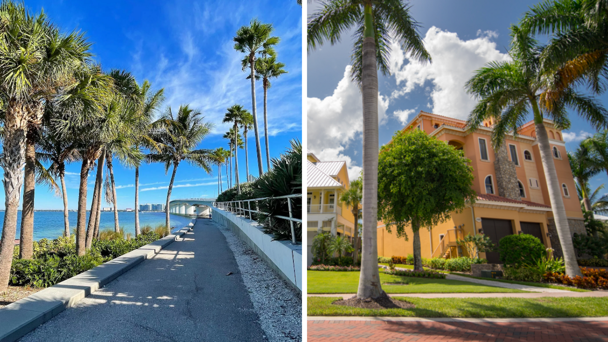 A view of the water in Sarasota County, Florida. Right: A neighborhood in Naples, Florida, with palms trees and colorful buildings.