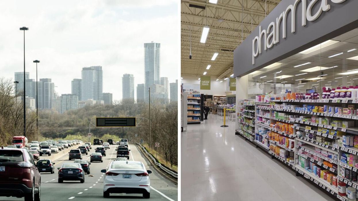 A view of Toronto, Ontario, from Highway 401. Right: The pharmacy aisle of a grocery store.
