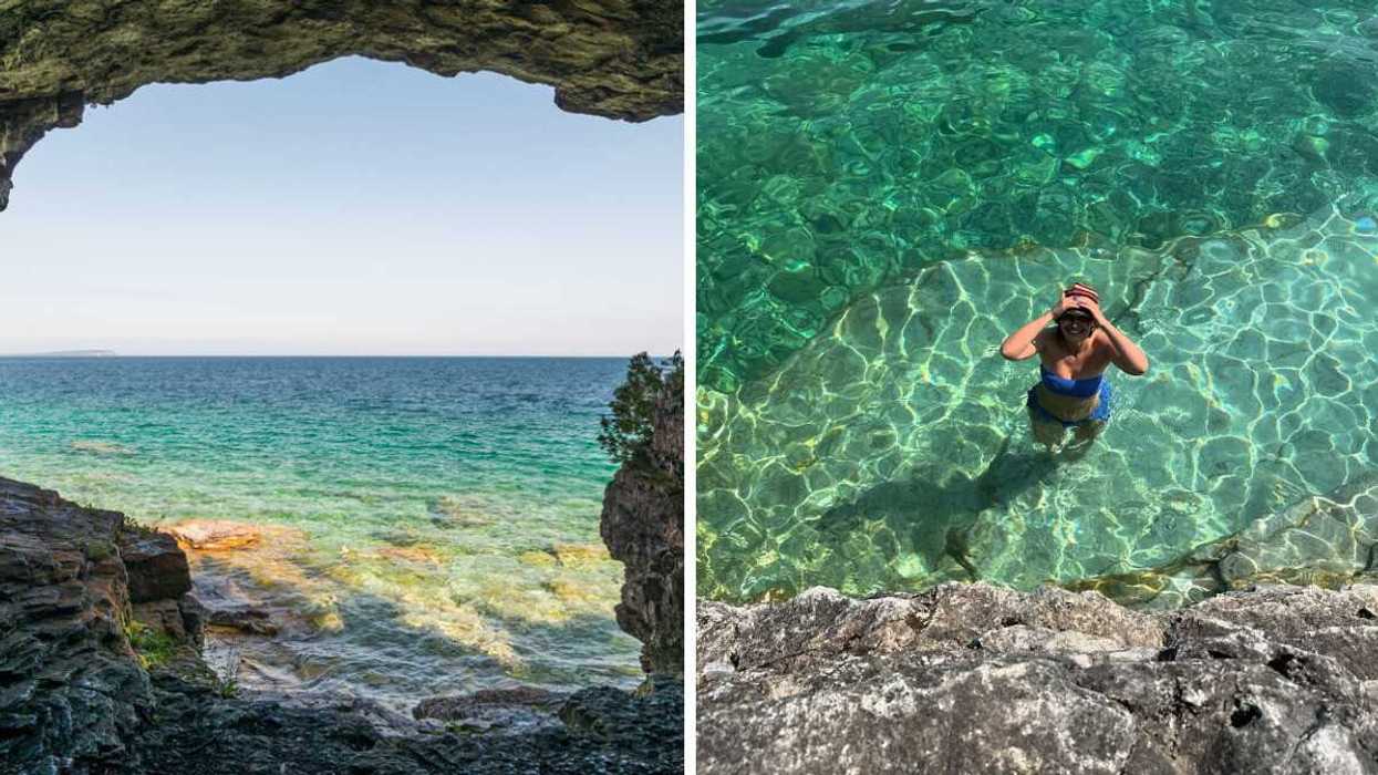 A view of turquoise water from inside a cave. Right: A person standing in turquoise water.