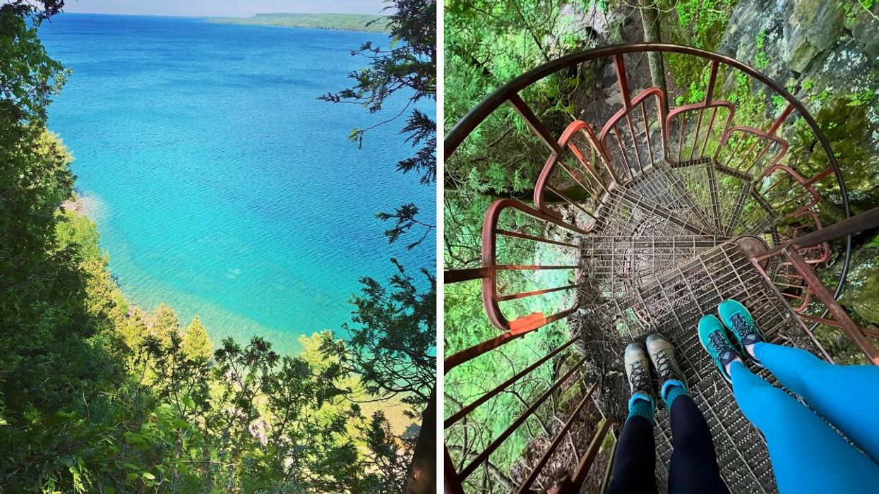 A view of turquoise water. Right: People standing on an outdoor spiral staircase.