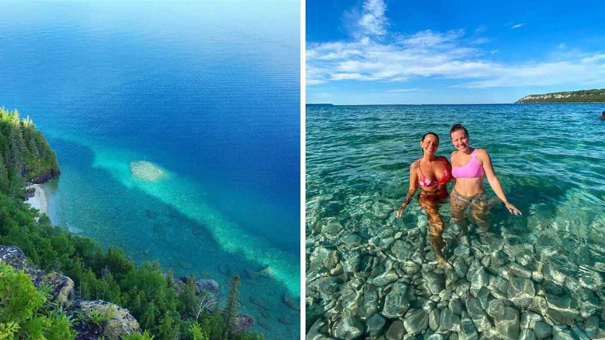 A view of turquoise water. Right: Two people standing in clear water.