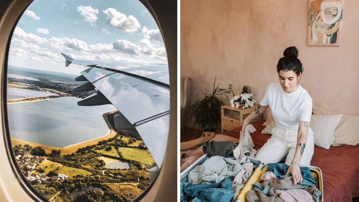 A view out of an airplane window. Right: Someone packing a suitcase.