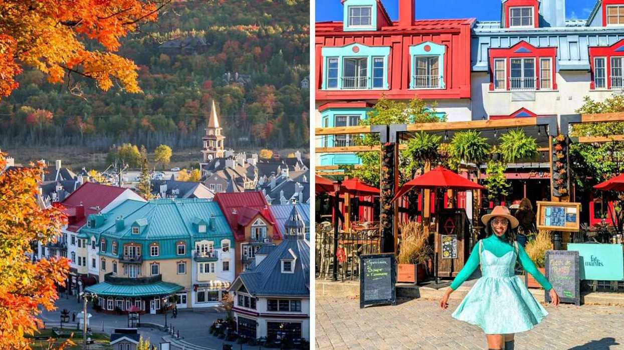 A village surrounded by autumn colours. Right: A person standing by colourful buildings.