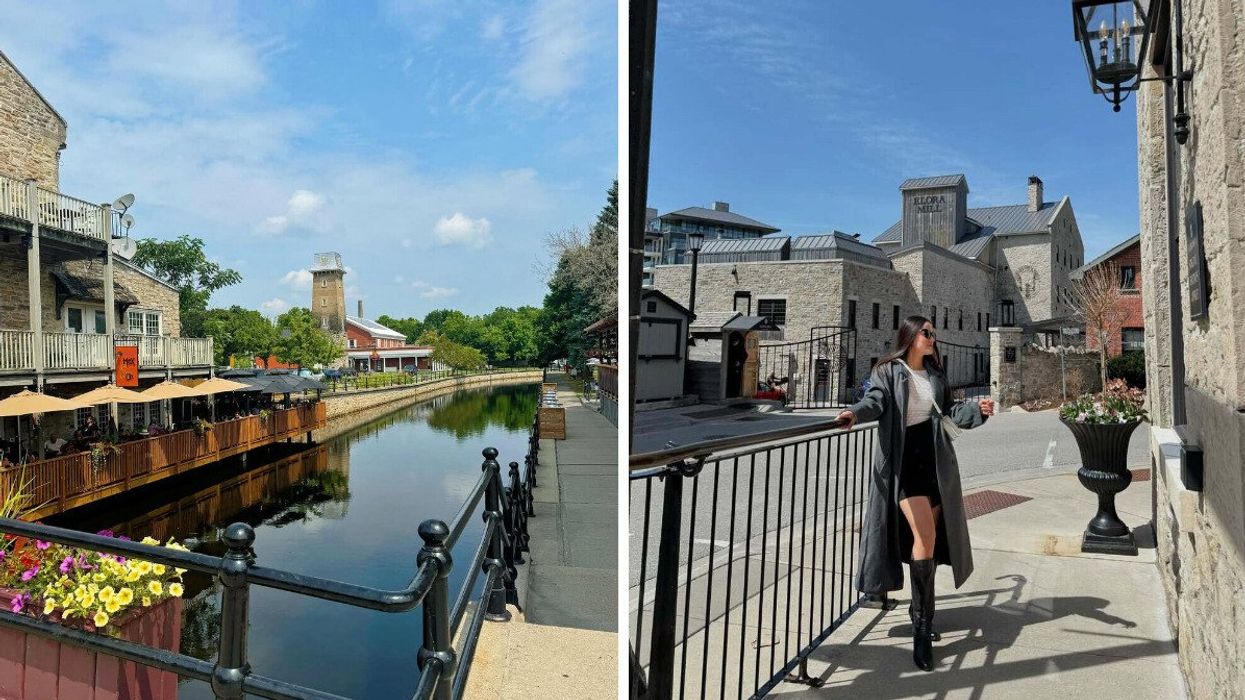 A village with a canal. Right: A person standing on a historic street.