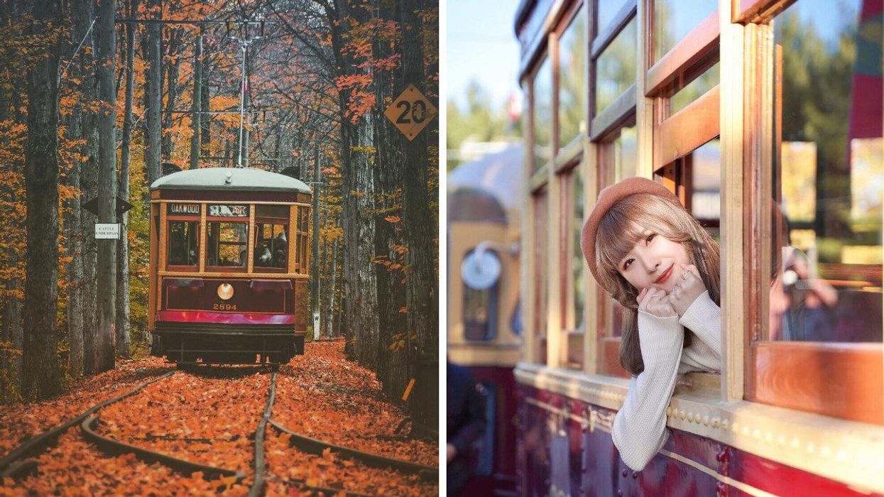 A vintage streetcar travelling through fall scenery. Right: A person leaning out a streetcar window.