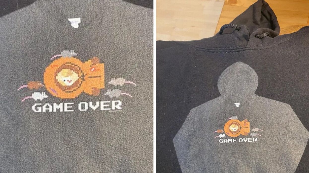 A viral image of Kenny from South Park on a custom-printed sweater.