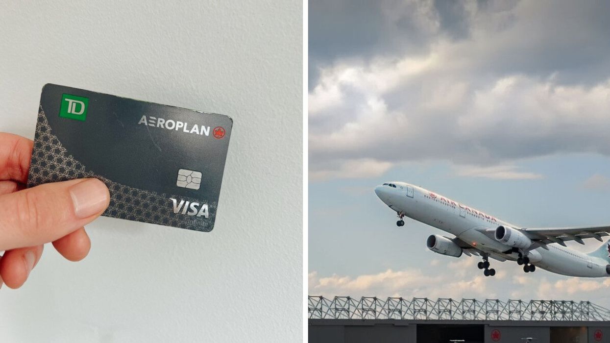 A Visa Aeroplan TD credit card. Right: Air Canada plan taking off.