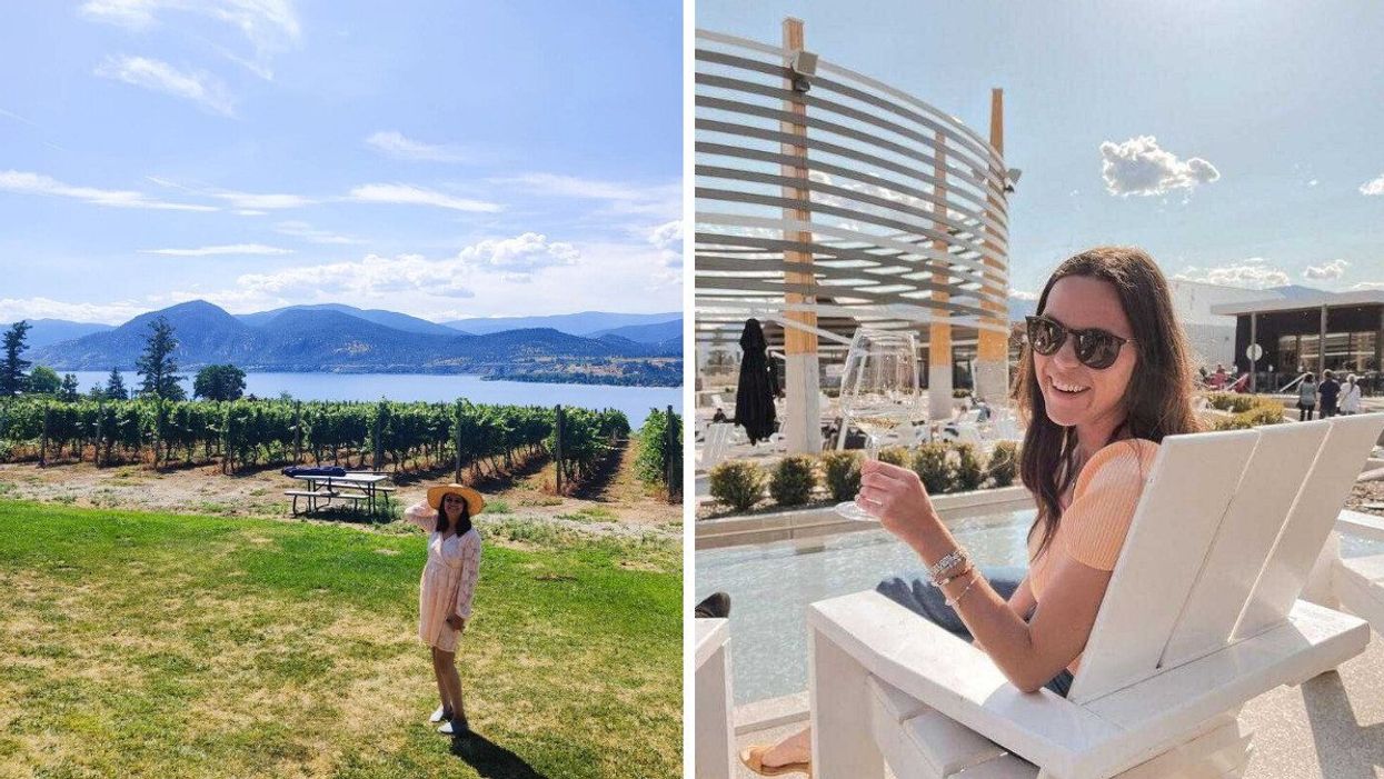 A visitor stands in front of a vineyard on Okanagan Lake. Right: A visitor at District Wine Village.