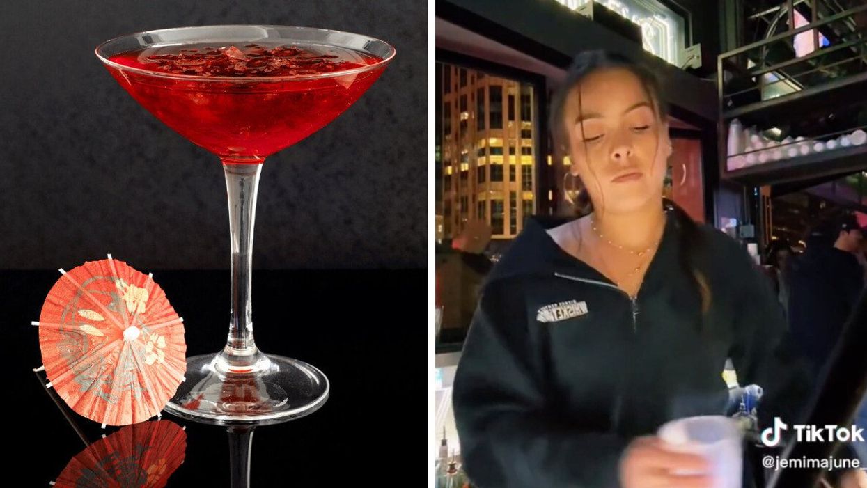 A vodka cranberry cocktail. Right: The bartender making a drink in her TikTok video.