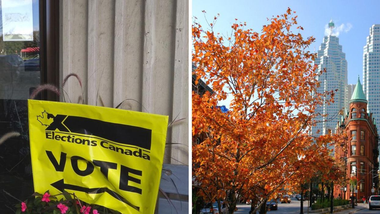 A voting sign in Toronto. Right: Toronto in the fall.