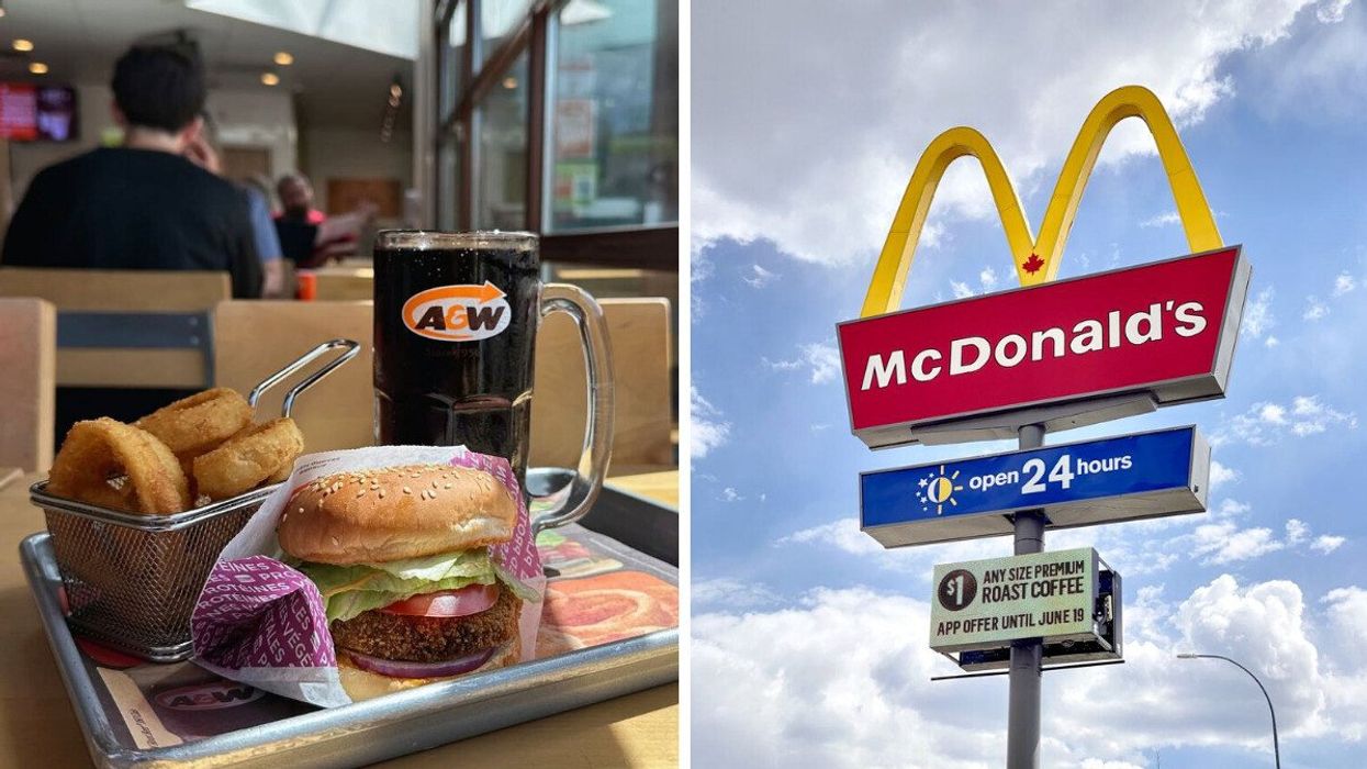 a&w food and drink on a table at a restaurant in canada. right: mcdonald's sign outside of location in canada