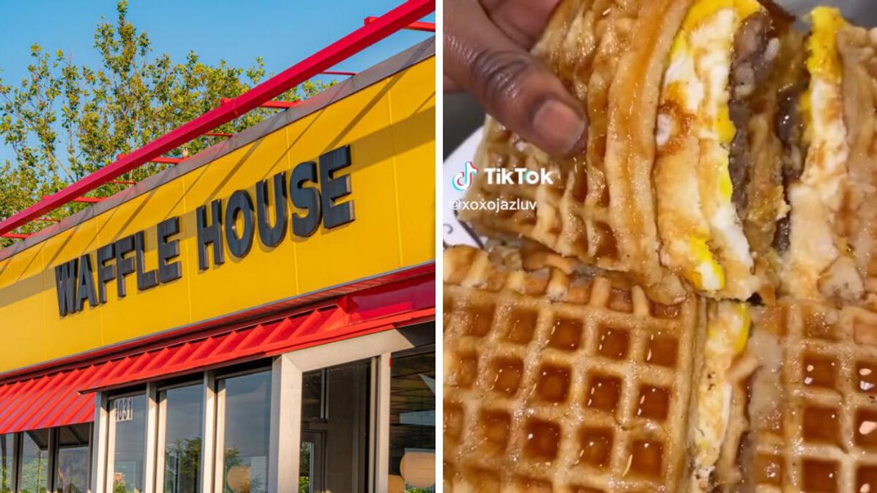 A Waffle House in Cincinnati. Right: The viral Waffle House sandwich.