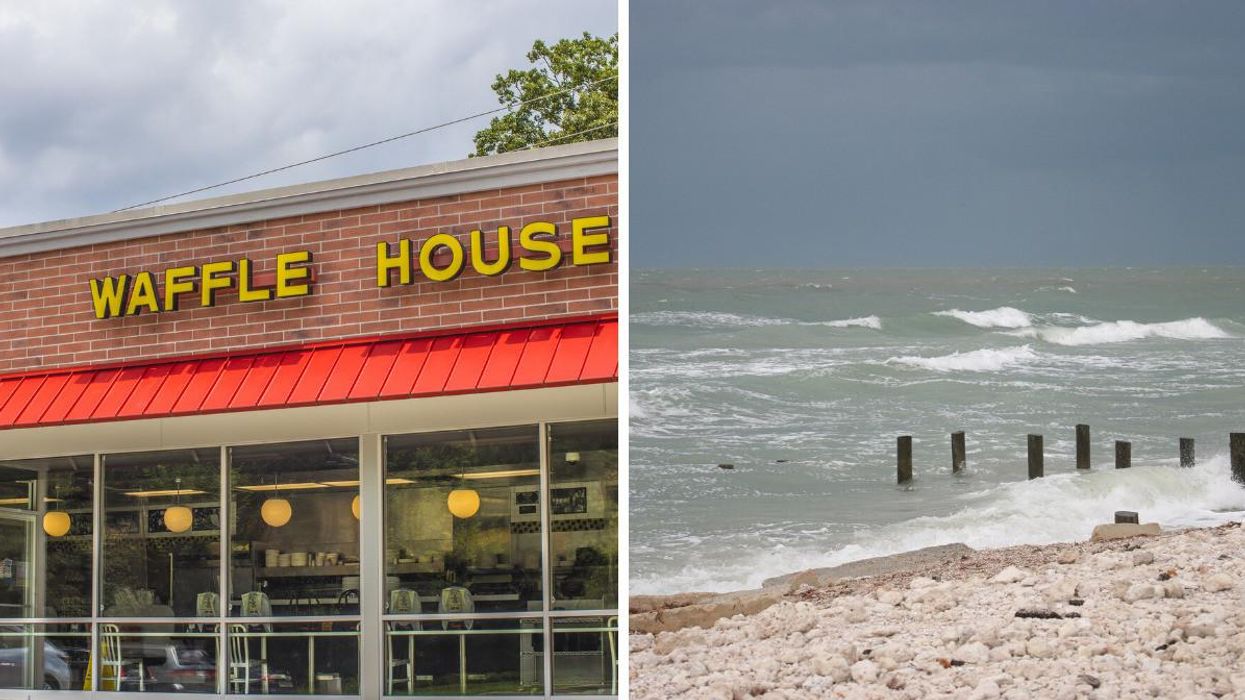 A Waffle House location from the outside. Right: A beach before a hurricane.