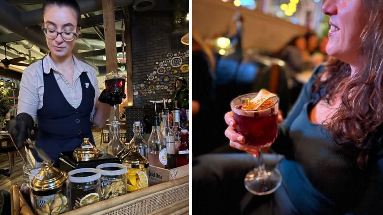 A waitress preparing a sangria at Sebastian Pintxos Bar in Atlanta, GA. Right: Freelance writer Dana Shemesh holding a sangria from Sebastian Pintxos Bar.