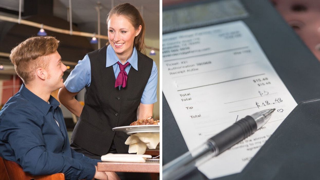 A waitress serving food to a customer at a restaurant. Right: A bill at a restaurant.