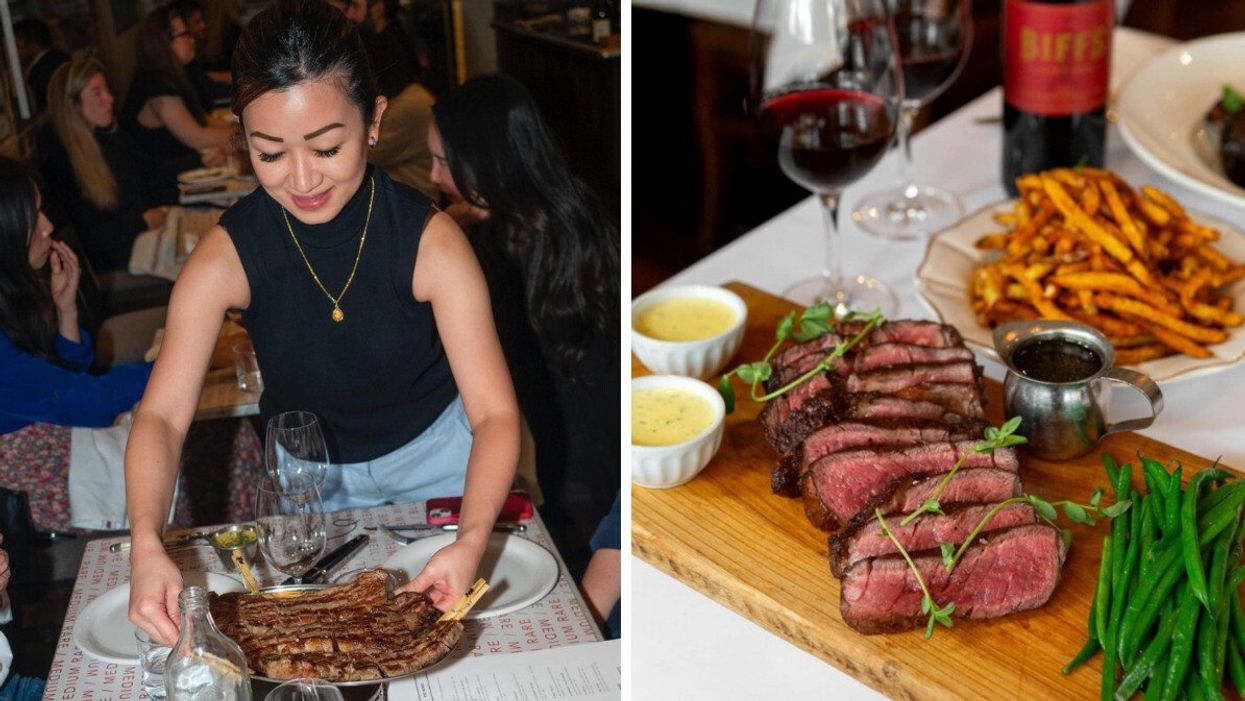 A waitress serving steak to a table. Right: A steak cooked to perfection with a side of sauce and fries.