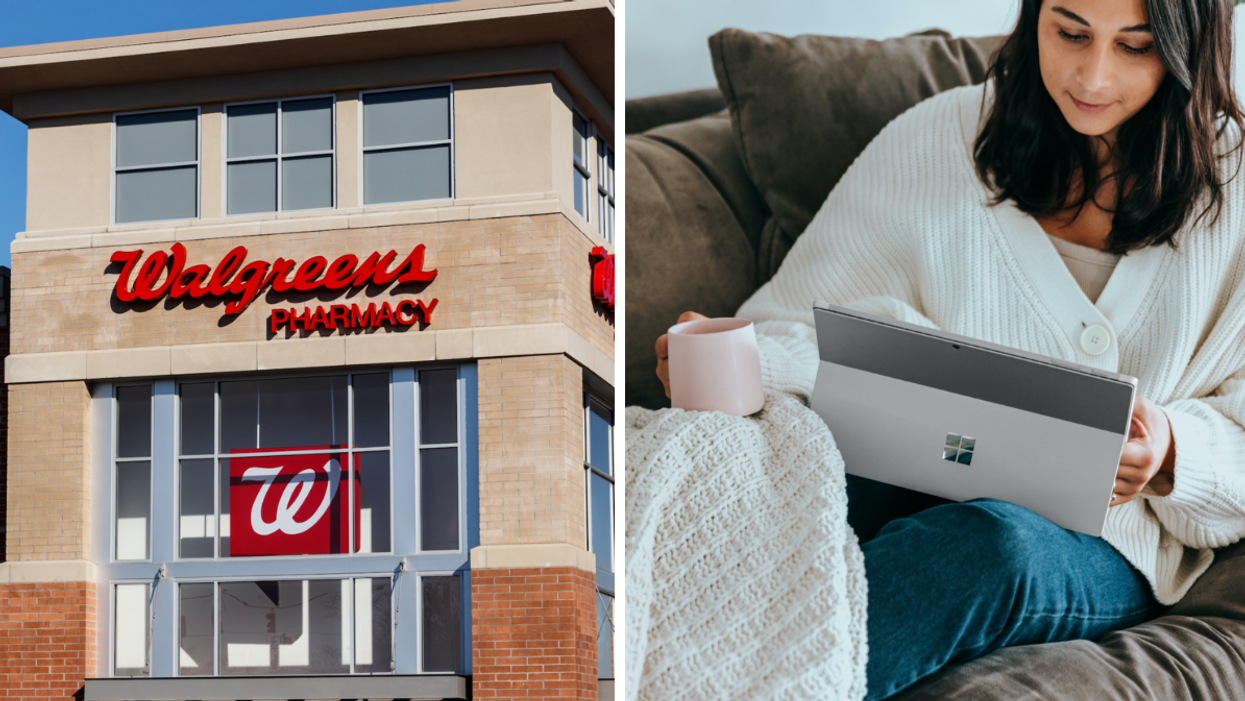 A Walgreens Pharmacy. Right: A remote worker holding a laptop and coffee cup.