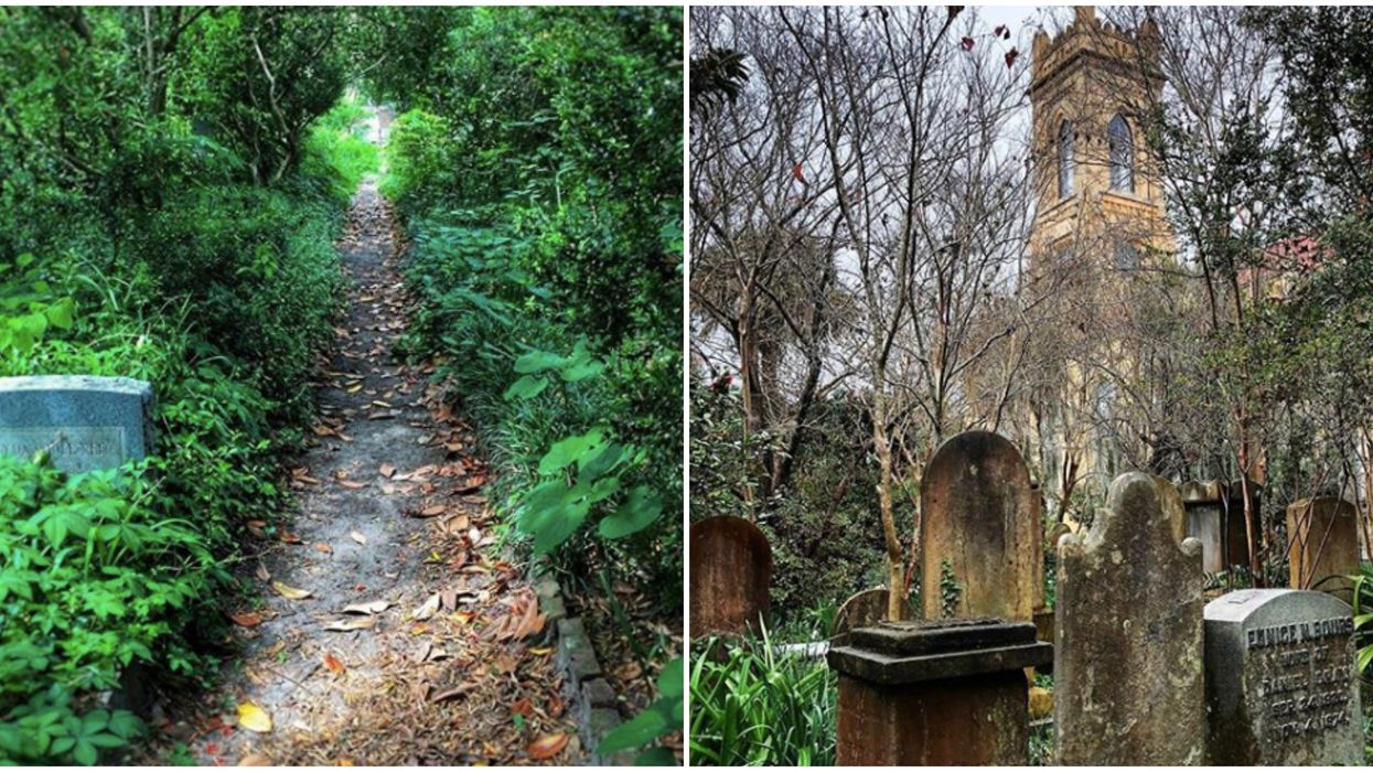 A walking trail. Right: An eerie graveyard garden.